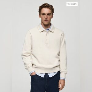 Mango Men's Off-White/Ecru Cotton Blend Fleeced lined Polo Sweatshirt